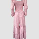 Sweetheart Neck Puff Sleeve Drawstring Front Shirred Overalls Casual Cutout Front Ruffle Hem Wide Leg Jumpsuit