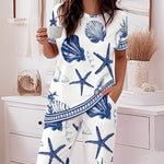 Women's 2 Piece Ocean Style Print Lounge Sets Short Sleeve T Shirt and High Waisted Wide Leg Pants Pajamas Sets with Pockets
