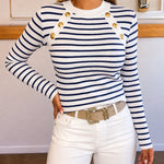 Women's Striped Crew Neck Knit Top Causal Gold Button Detail Long Sleeve Top