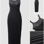 Women's Rhinestone U-Neck Maxi Dress Slim Fit Bodycon Sleeveless Long Knit Dress Elegant Evening Party Dress