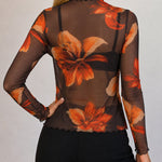 Women's Floral Print Sheer Mesh Top Frill Trim Mock Neck Long Sleeve Tee