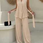 Women's 2 Piece Outfits V Neck Sleeveless Ruched Top and Wide Leg Pants Set Casual Commuting Set with Pockets