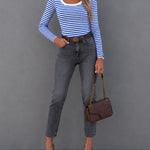 Women's Striped Ribbed U-Neck Long Sleeve Top Slim Fit Contrast Trim Tee