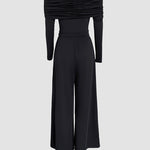 Metal Ring Decor Off Shoulder Ruched High Waist Jumpsuit Casual Cinched Waist Wide Leg Jumpsuit