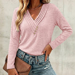 Women's Pleated V Neck T-Shirt Long Sleeve Button Decor Tee Casual Layering Top