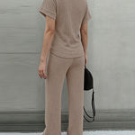 Women's 2 Piece Knit Set Lace Patchwork Short Sleeve Top and Wide Leg Pants Casual Ribbed Brushed Lounge Set