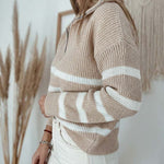 Women's Half Zip Striped Sweater Colorblock Turn-down Collar Knit Pullover Drop Shoulder Loose Fit Top