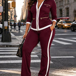 Women's 2 Piece Set Two-Way Zipper Front Stand Collar Top and High Waist Straight Leg Pants Casual Tracksuit