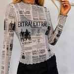 Women's Sheer Mesh Vintage Newspaper Print Mock Neck Frill Trim Long Sleeve Top