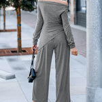 Women's 2 Piece Outfit Off Shoulder Ruched Asymmetrical Top and Wide Leg Pants Set Casual Loungewear