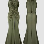 Women's Halter Tie Satin Maxi Dress Twist Front Cutout Backless Mermaid Cockail Dress Ruched Evening Party Dress