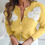 Floral Applique & Pearls Decor Round Neck Single Breasted Knit Cardigan Casual Crop Sweater Coat