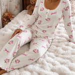 Women's Floral Bow Print Frill Trim Pajama Set Lace U-Neck Henley Long Sleeve Top and Pants Lounge Set