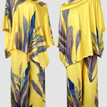 2 Pieces Outfit Plants Print Cold Shoulder Batwing Sleeve Top and Casual Wide Leg Pants Set