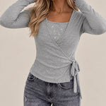 Women's Rhinestone Faux Two-Piece Long Sleeve Wrap Top with Side Tie