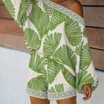 Women's Tropical Leaf Print 2 Piece Set Skew Neck Lantern Sleeve Top and Elastic Waist Shorts with Pockets & Lace