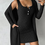 2 Pieces Outfit U-Neck Thick Strap Button Front Slim Fit Ribbed Knit Dress and Casual Long Sleeve Pockets Design Open Front Cardigan Coat Set