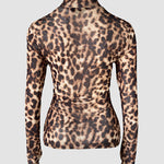 Rhinestone Decor Leopard Print Mock Neck Long Sleeve Tee Sexy Slim Fit Sheer Top