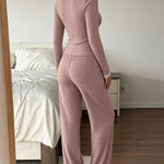 Women's 2 Piece Ribbed Lounge Sets Lace Trim Long Sleeve Top and High Waisted Pants Pajamas Sets with Pockets