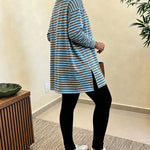 Women's Striped Henley Neck Waffle Knit Top Casual Loose Side Slit Long Sleeve Pullover