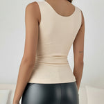 Sheer Mesh Spliced V Neck Sleeveless Built In Bra Tank Casual Warm Fleece Lined Slim Fit Top