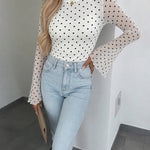 Women's Polka Dot Mesh Top Flare Long Sleeve Boat Neck Lined Asymmetric Frill Hem Blouse Vintage Party Shirt