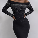 Women's Off-Shoulder Rhinestone Bodycon Mini Dress Long Sleeve Sparkling Party Gown High Waist Sexy Clubwear