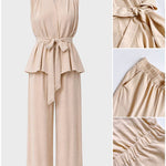 Women's 2 Piece Outfits V Neck Sleeveless Ruched Top and Wide Leg Pants Set Casual Commuting Set with Pockets