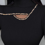 High Neck Long Sleeve Beaded Knit Sweater Hollow-out Fleece Lined Basic Layering Soft Versatile Thermal Top