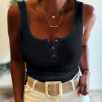 U-Neck Sleeveless Half Button Front Tank Slim Fit Backless Knit Waffle Tank Top