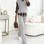 Vintage Plaid Print Spliced Turn-down Collar Long Sleeve Faux Two-Piece Top and Elastic Waist Pants Set Casual Ribbed Brushed Commuting Set