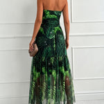 Women's Tropical Leaf Print Tube Maxi Dress Sexy Sheer Mesh Rhinestone Ruched Long Dress with Detachable Clear Straps