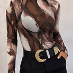 Women's Sheer Mesh Tie Dye Print Mock Neck Frill Trim Long Sleeve Top