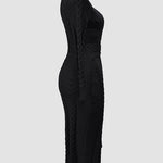 Cable Textured Overlap Deep V-Neck Long Sleeve Mid-Length Dress Tie Waist Slim Fit Knit Dress