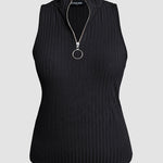 Ribbed O-Neck Slim Fit Zipper Thick Strap Mental O-ring Cinch Waist Tank Casual Top