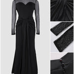 Rhinestone Decor Mock Neck Mesh Yoke Zipper Back Party Dress Cinched Waist Draped Mermaid Hem Maxi Evening Dress