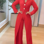 Notched Collar Long Sleeve Button Front Jumpsuit Casual Cinched Waist Wide Leg Faux Two Piece Jumpsuit