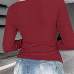 Chicme Built In Bra Notch Neck Long Sleeve Shirts Rib Knit Ruched Waist Top