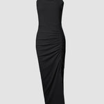 Side Slit Drawstring Ruched Bodycon Casual Sun Maxi Dresses Sleeveless Ribbed Tank Dress