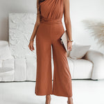 One Shoulder Sleeveless Ruched Cinched Waist Zipper Side Overalls Tied Detail Elastic Waist Wide Leg Jumpsuit