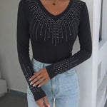 Women's Rhinestone V-Neck Long Sleeve Tee Slim Fit Sparkly Fitted Top