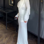 Cowl Neck Ruched Zipper Back Slim Fit Maxi Dress Casual Padded Shoulders Backless Evening Dress