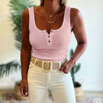 U-Neck Sleeveless Half Button Front Tank Slim Fit Backless Knit Waffle Tank Top