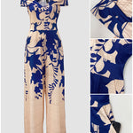 Floral Print Off Shoulder Sleeveless Deep V-Neck Jumpsuit Casual Zipper Side Wide Leg Jumpsuit