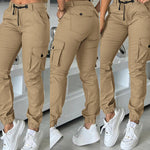 Zipper Fly Drawstring Elastic Back Waist Cuffed Trousers Casual Multiple Flap Pockets Design Cargo Pants
