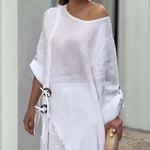 2 Pieces Outfit Button Decor One Shoulder Turn-Up Sleeves Slit Raw Edges Top and Casual Drawstring Elastic Waist Wide Leg Pants Set