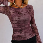 Women's Vintage Flocked Floral Boat Neck Ruched Mesh Top Long Flare Sleeve Crop Pullover
