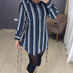 Women's Striped Shirt Dress Button Down Long Sleeve Shirred Waist Casual Dress