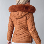 Zipper Pocket Design Shirred Fuzzy Trim Fleece Lined Hooded Puffer Jacket