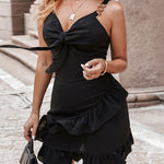 Women's Adjustable Chain Strap Tie Front Ruffle Hem Dress Backless Shirred Ruched Cami Mini Dress
